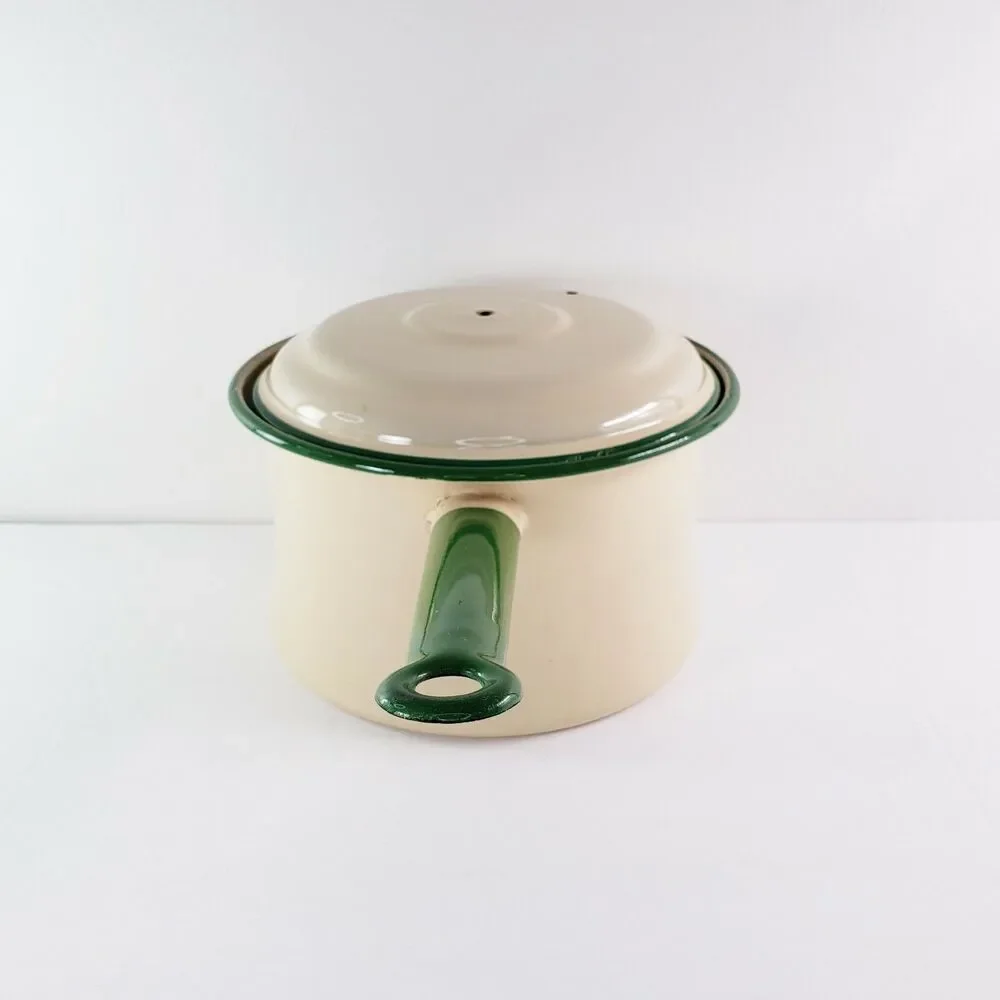 Vtg Cream & Green Enamel Sauce Pan Stock Pot w/ Lid Primitive Camping Rustic